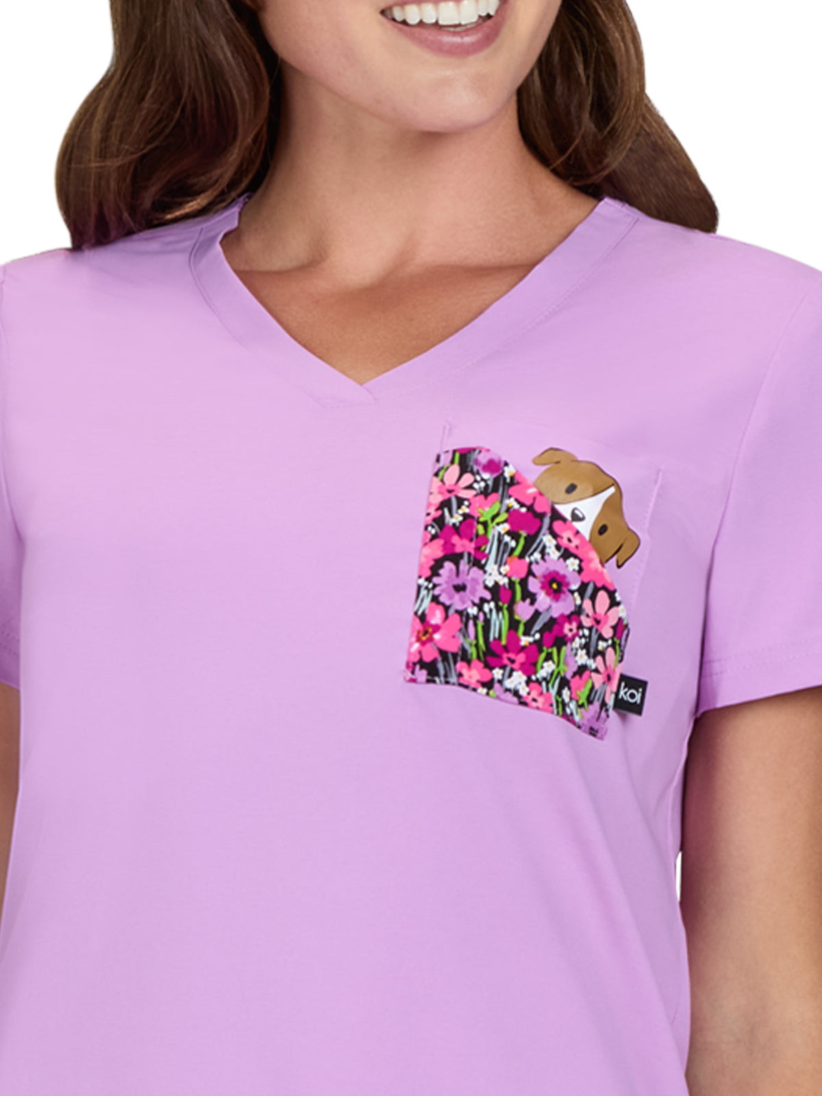 Women's Chest Pocket Print V-Neck Nixie Placement Top - 1128PLM - Bloom Lavender