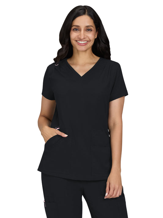 Women's Ribbed V-Neck 4-Pocket Sari Top - 1129 - Black