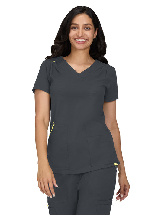 Women's Ribbed V-Neck 4-Pocket Sari Top - 1129 - Charcoal