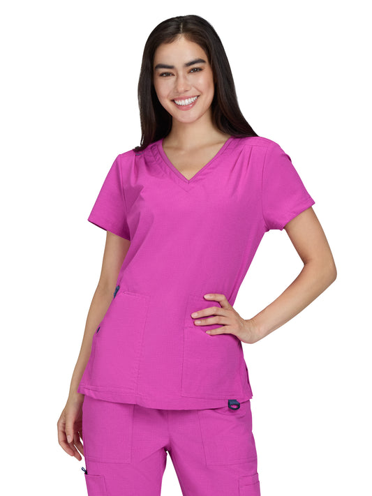 Women's Ribbed V-Neck 4-Pocket Sari Top - 1129 - Hibiscus Pink