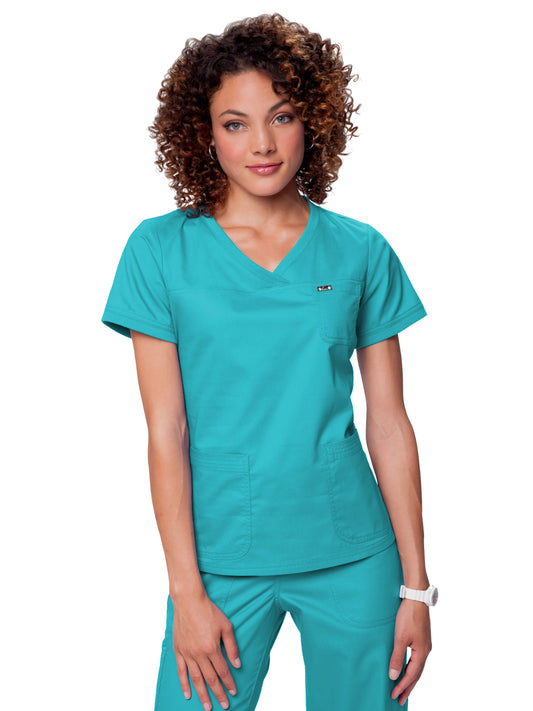 Women's 3-Pocket Soft Rib Trim V-Neck Nicole Top - 247 - Turquoise (Bright Teal)