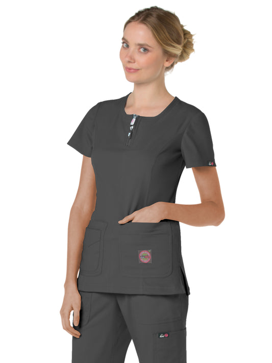 Women's 4-Pocket Zipper Neck Serenity Top - 317 - Charcoal