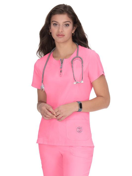 Women's 4-Pocket Zipper Neck Serenity Top - 317 - Peony Pink