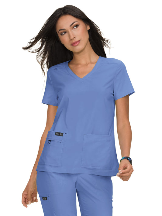 Women's 4-Pocket Stretch V-Neck Becca Top - 373 - True Ceil