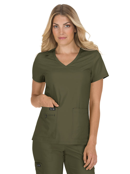 Women's 4-Pocket Stretch V-Neck Becca Top - 373 - Olive Green