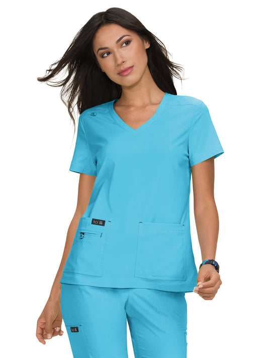 Women's 4-Pocket Stretch V-Neck Becca Top - 373 - Electric Blue