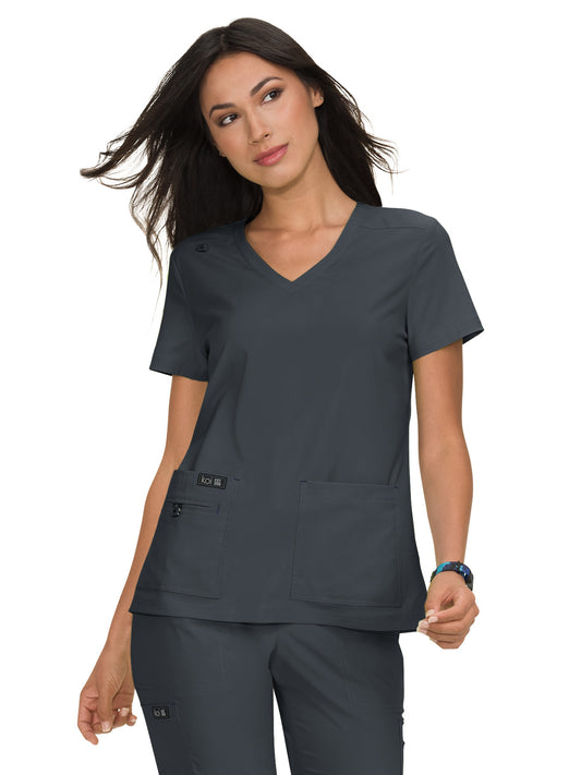 Women's 4-Pocket Stretch V-Neck Becca Top - 373 - Charcoal