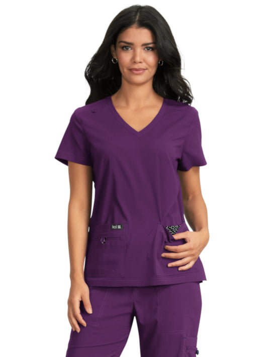 Women's 4-Pocket Stretch V-Neck Becca Top - 373 - Eggplant
