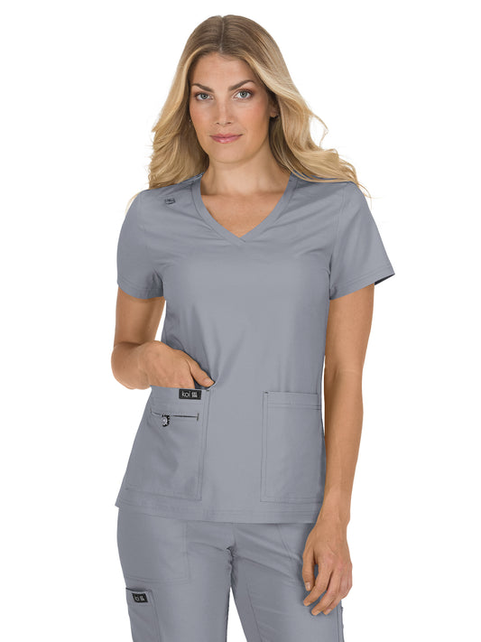 Women's 4-Pocket Stretch V-Neck Becca Top - 373 - Platinum Grey