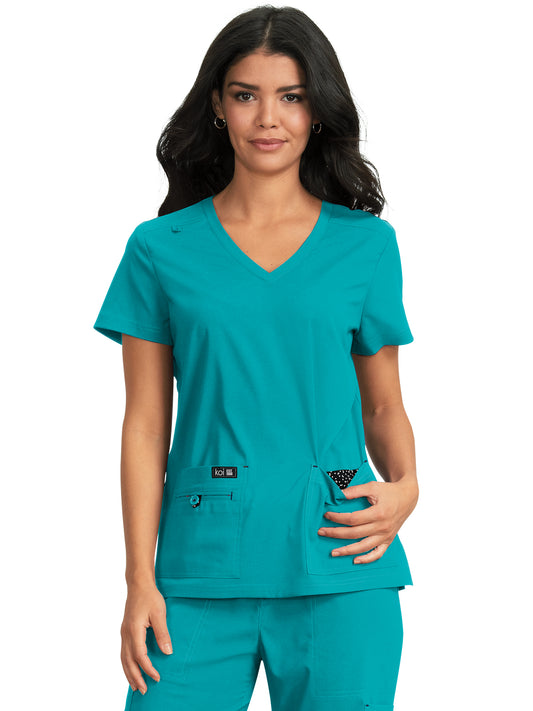 Women's 4-Pocket Stretch V-Neck Becca Top - 373 - Teal