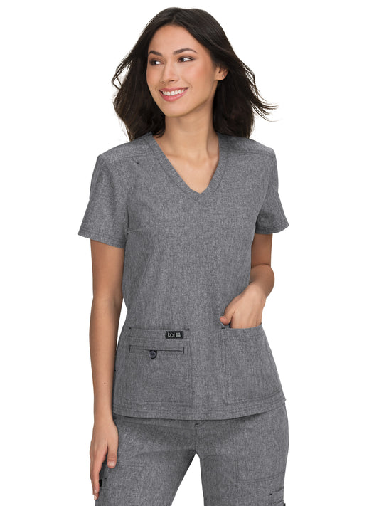 Women's 4-Pocket Stretch V-Neck Becca Top - 373 - Heather Grey