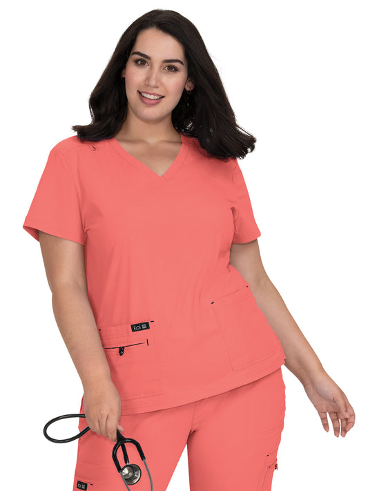 Women's 4-Pocket Stretch V-Neck Becca Top - 373 - Coral