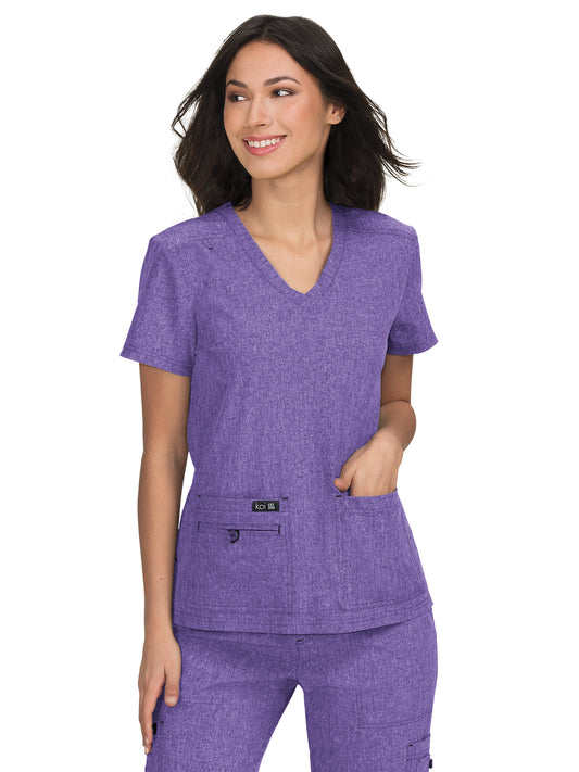 Women's 4-Pocket Stretch V-Neck Becca Top - 373 - Heather Wisteria