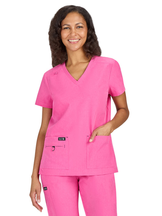 Women's 4-Pocket Stretch V-Neck Becca Top - 373 - Heather Pink Lemonade