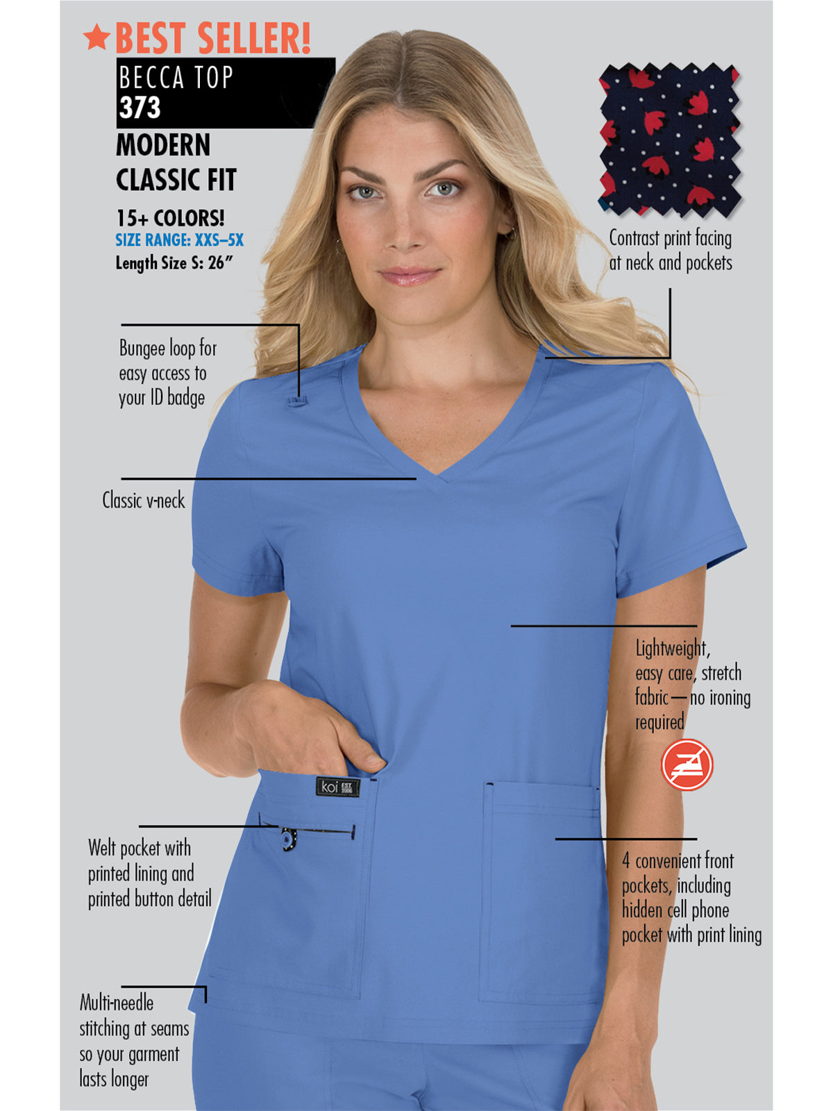 Women's 4-Pocket Stretch V-Neck Becca Top - 373 - Ruby