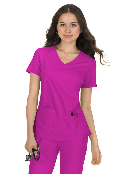 Women's Mock-Wrap Neck Katie Top - 374 - Azalea Pink