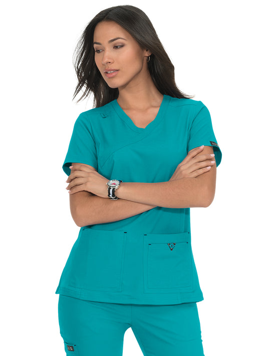 Women's Mock-Wrap Neck Katie Top - 374 - Teal