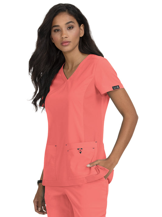 Women's Mock-Wrap Neck Katie Top - 374 - Coral