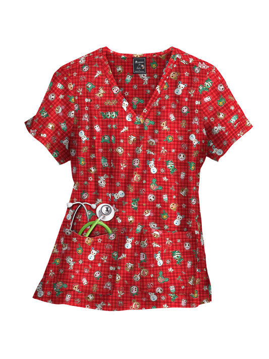 Women's 2-Pocket Sporty V-Neck Print Leslie Top - 384TKD - Holiday Flannel