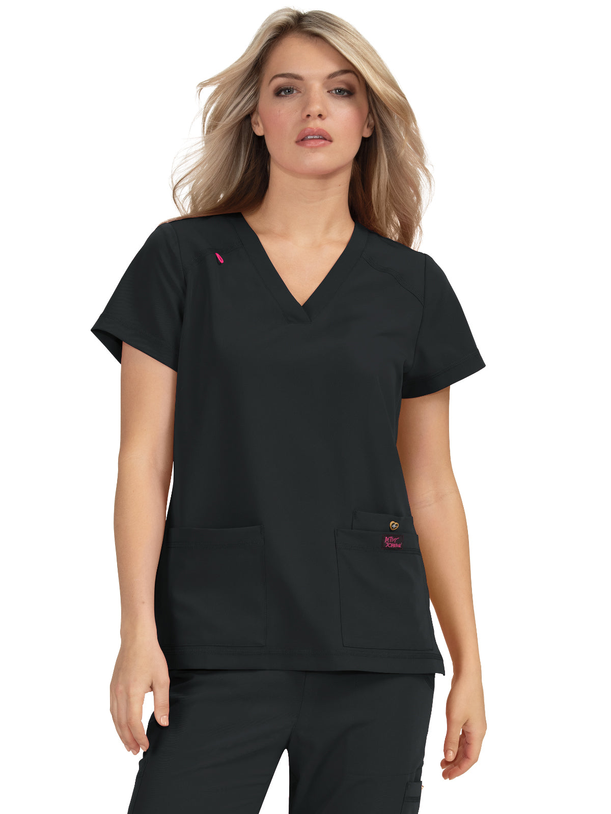 Women's 3-Pocket Snap-Button Placket V-Neck Freesia Top - B101 - Black