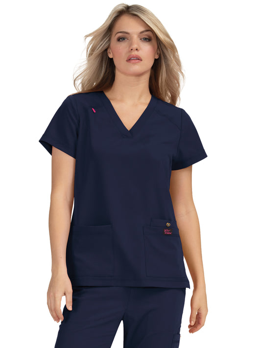 Women's 3-Pocket Snap-Button Placket V-Neck Freesia Top - B101 - Navy
