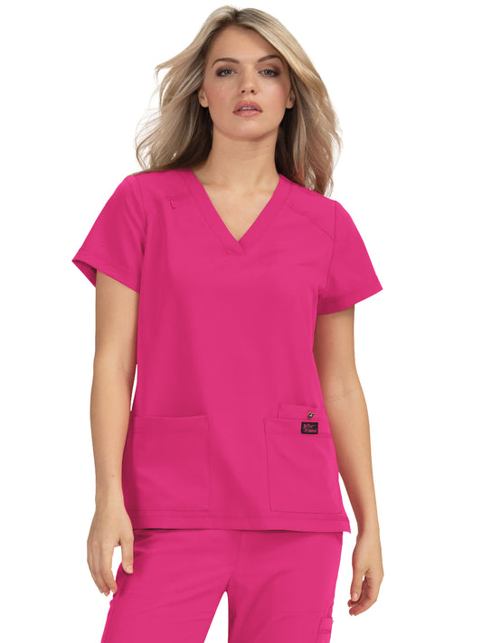 Women's 3-Pocket Snap-Button Placket V-Neck Freesia Top - B101 - Flamingo