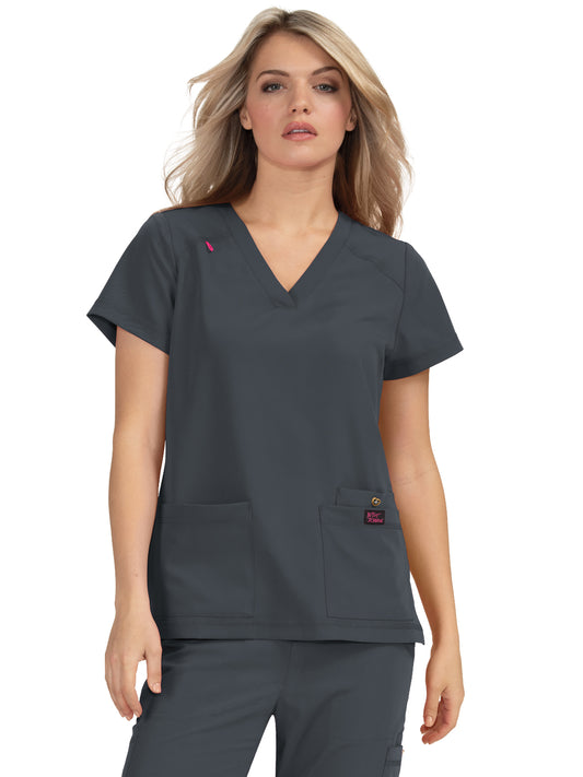 Women's 3-Pocket Snap-Button Placket V-Neck Freesia Top - B101 - Charcoal