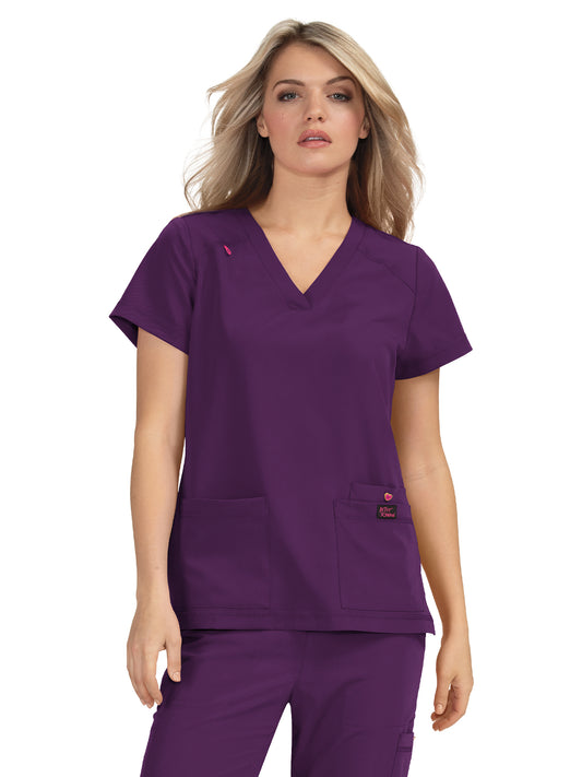 Women's 3-Pocket Snap-Button Placket V-Neck Freesia Top - B101 - Eggplant
