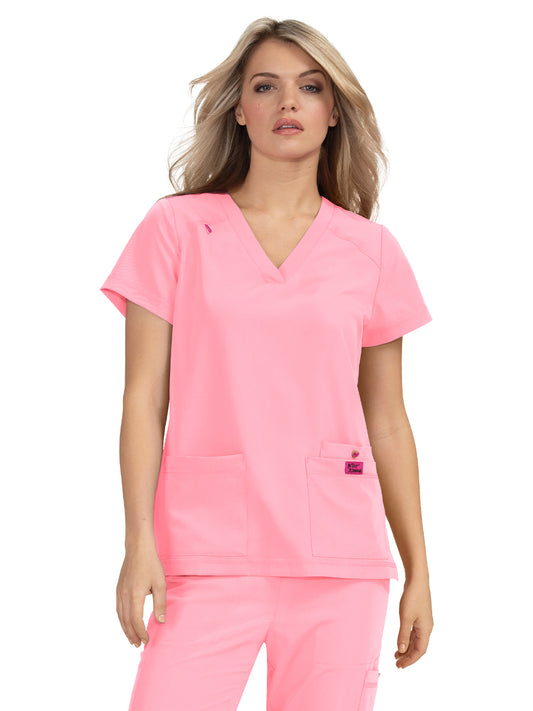 Women's 3-Pocket Snap-Button Placket V-Neck Freesia Top - B101 - Sweet Pink