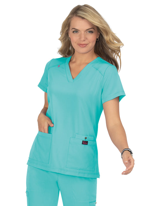 Women's 3-Pocket Snap-Button Placket V-Neck Freesia Top - B101 - Fresh Mint