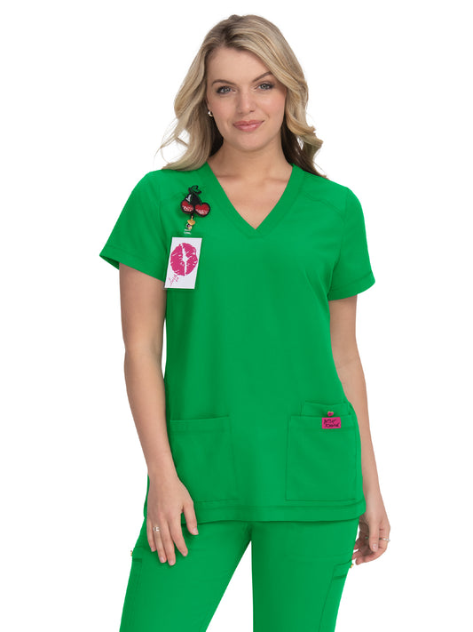 Women's 3-Pocket Snap-Button Placket V-Neck Freesia Top - B101 - Lucky Green