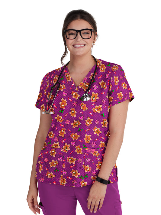 Women's 2-Pocket Print V-Neck Bell Top - B120PR - Gingerbread Delights