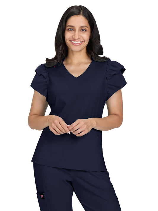 Women's 2-Pocket Ruffle Sleeve and Ruffle Collar Clary Top - B131 - Navy