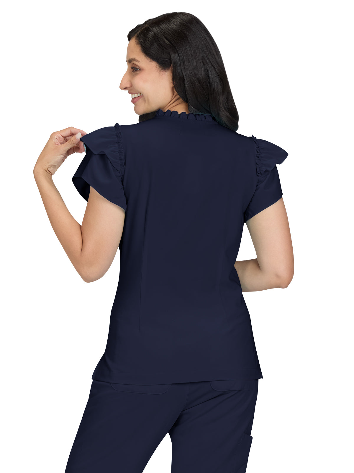 Women's 2-Pocket Ruffle Sleeve and Ruffle Collar Clary Top - B131 - Navy