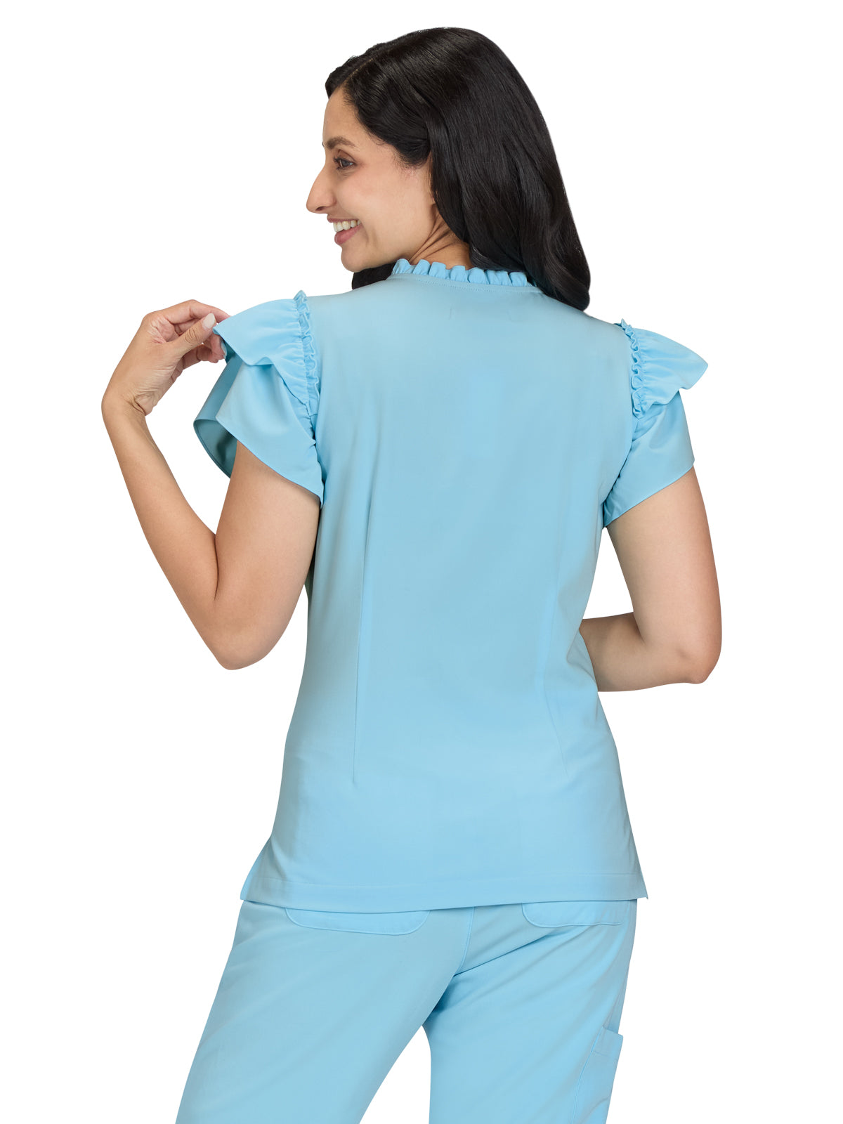 Women's 2-Pocket Ruffle Sleeve and Ruffle Collar Clary Top - B131 - Sky
