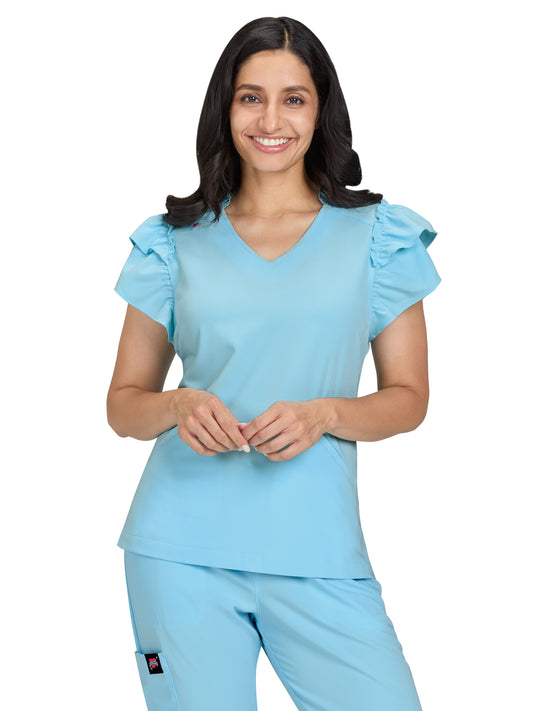 Women's 2-Pocket Ruffle Sleeve and Ruffle Collar Clary Top - B131 - Sky