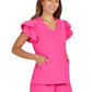 Women's 2-Pocket Ruffle Sleeve and Ruffle Collar Clary Top - B131 - Flamingo