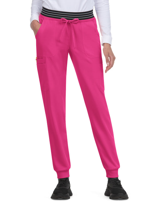 Women's 8-Pocket Ribbed Cuff Jogger-Style Hollyhock Pant - B705 - Flamingo