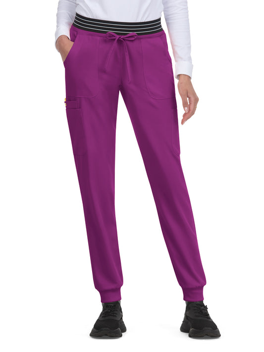 Women's 8-Pocket Ribbed Cuff Jogger-Style Hollyhock Pant - B705 - Berry