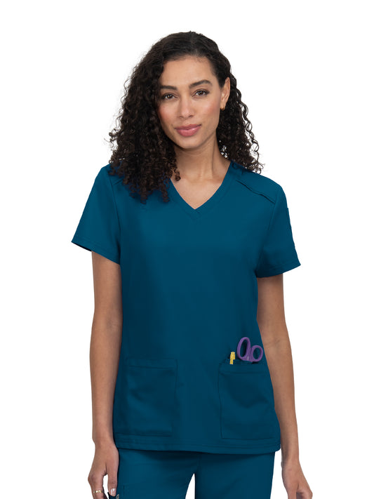 Women's 3-Pocket V-Neck Cardi Top - C101 - Caribbean Blue
