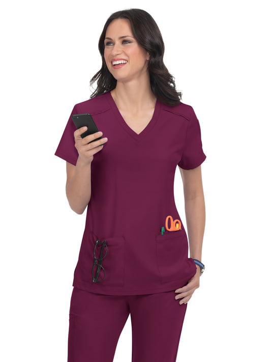 Women's 3-Pocket V-Neck Cardi Top - C101 - Wine