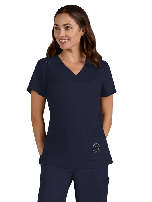 Women's 3-Pocket V-Neck Blissful Top - S101 - Navy