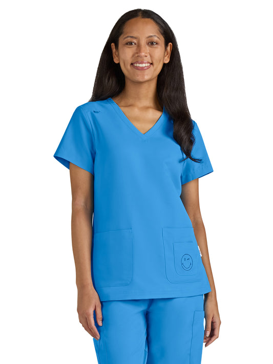 Women's 3-Pocket V-Neck Blissful Top - S101 - Power Blue