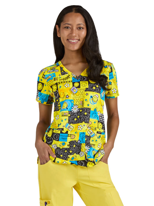 Women's Printed 3-Pocket V-Neck Adoring Top - S102PR - Keep Smiling