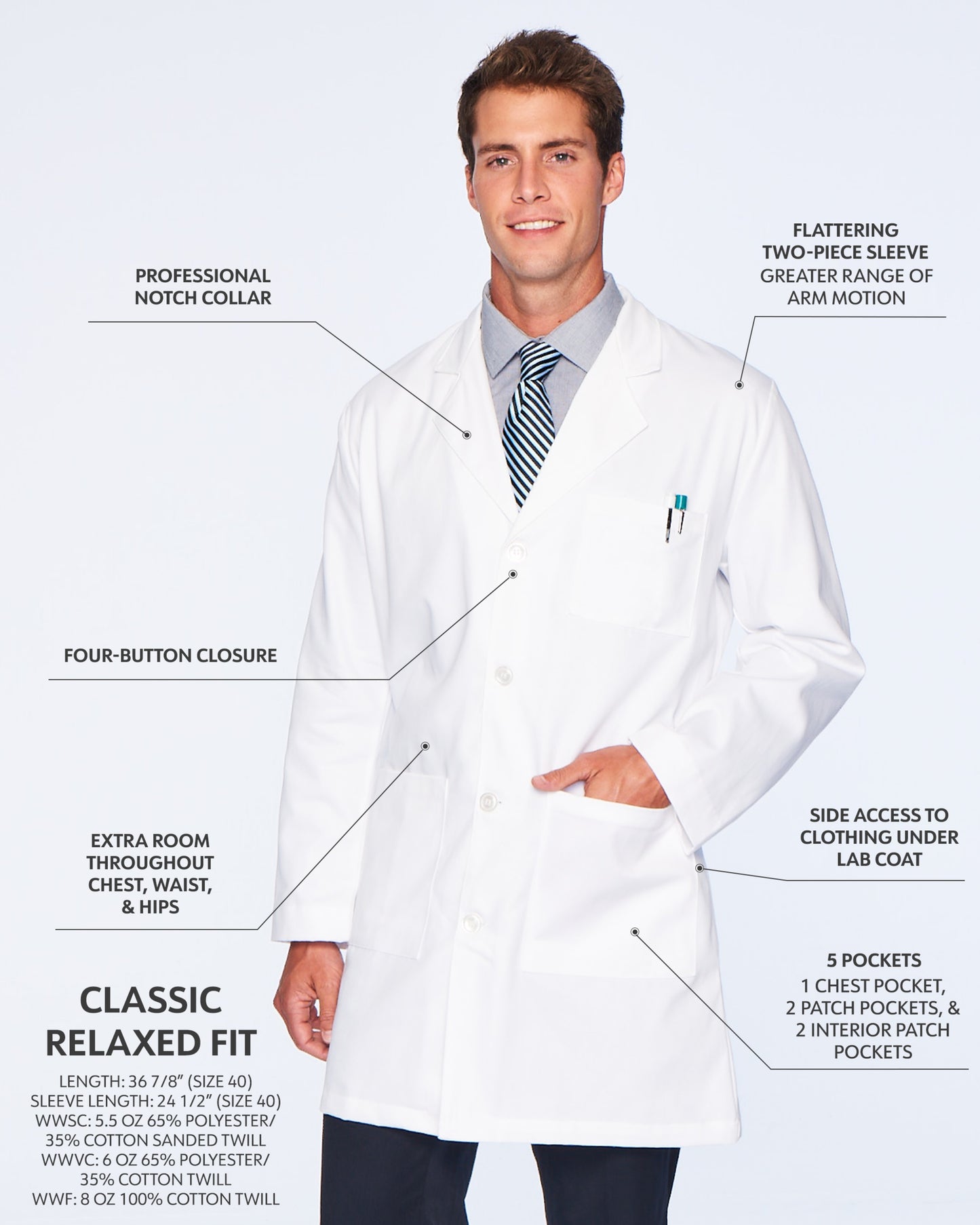 Men's Five-Pocket Poly/Cotton 37" Full-Length Lab Coat - 3124WWVC - White - WWVC