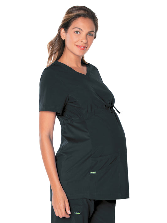 Women's 3-Pocket Adjustable Drawstring Empire Waist V-Neck Maternity Top - 4399 - Black