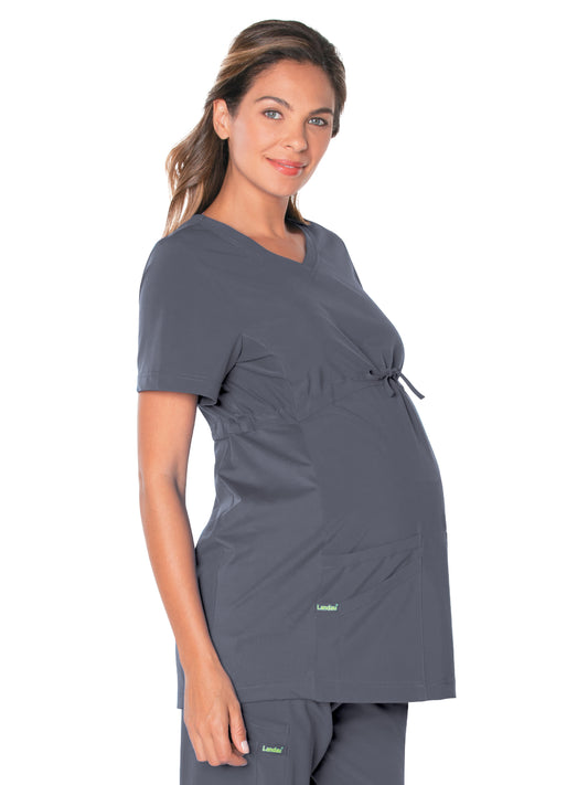 Women's 3-Pocket Adjustable Drawstring Empire Waist V-Neck Maternity Top - 4399 - Steel