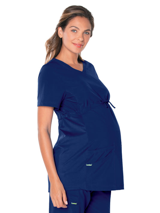 Women's 3-Pocket Adjustable Drawstring Empire Waist V-Neck Maternity Top - 4399 - True Navy