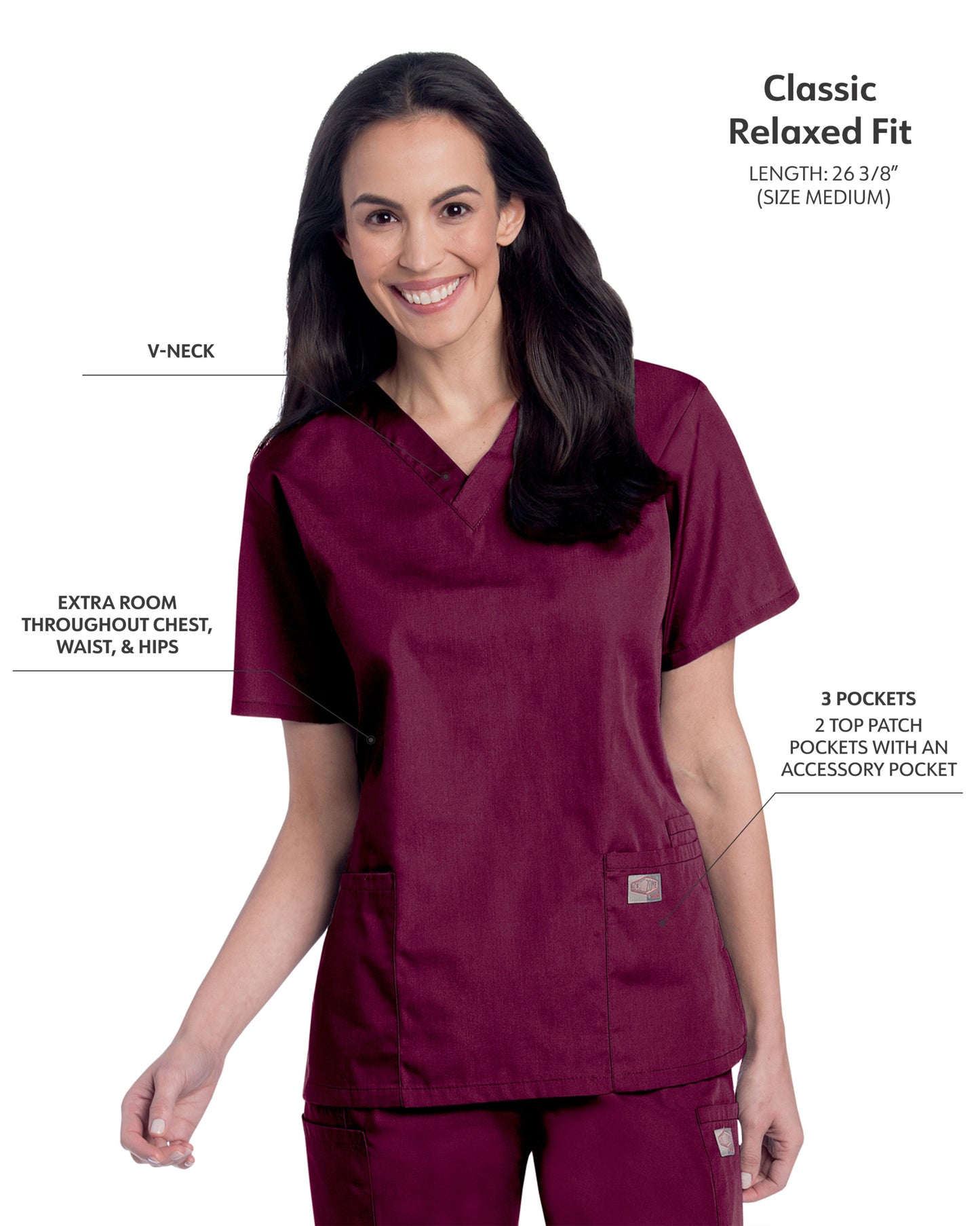 Women's 3-Pocket Clean Back V-Neck Top - 70221 - Wine