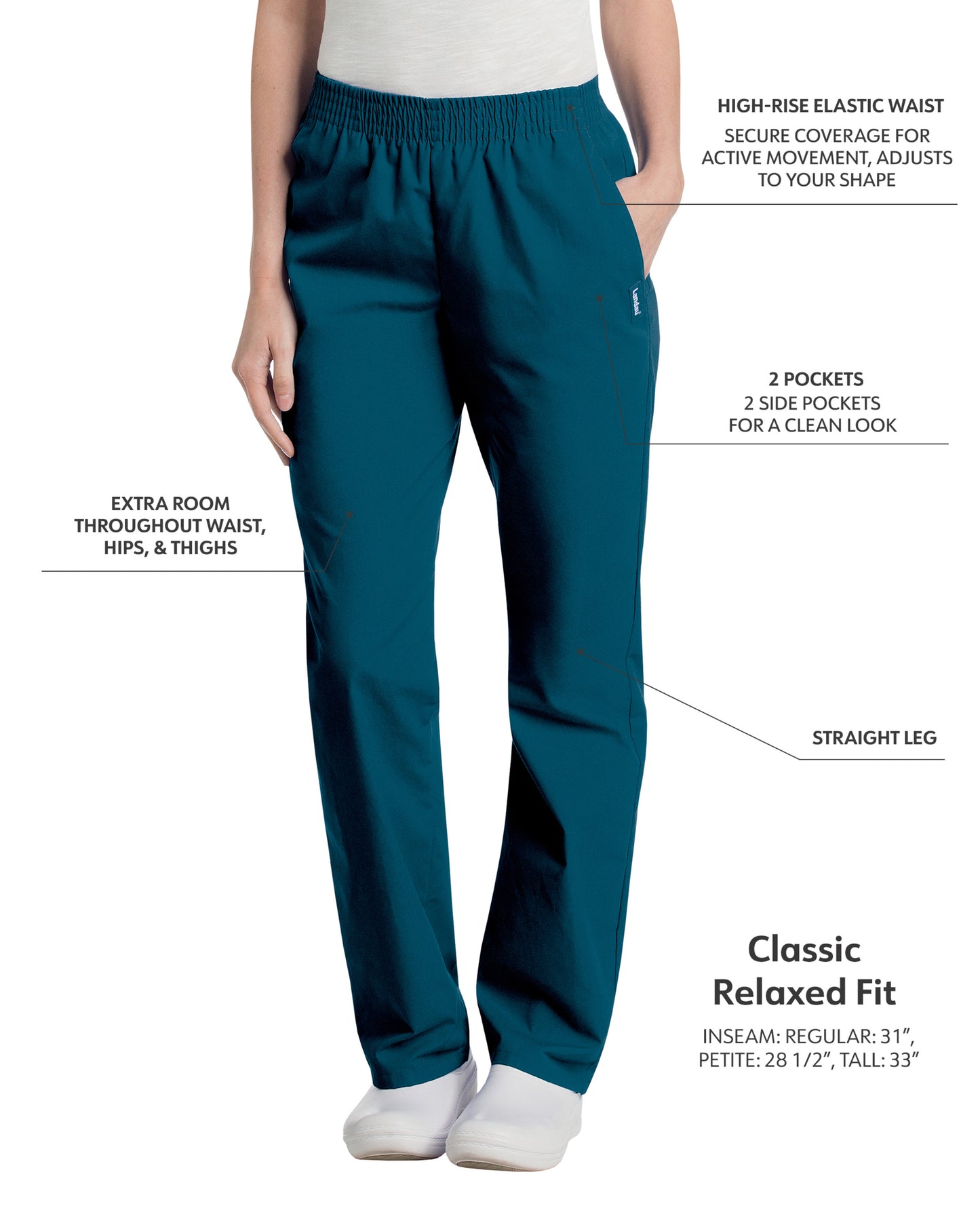 Women's 2-Pocket High-Rise Elastic Waist Straight Leg Pant - 8327 - Caribbean Blue